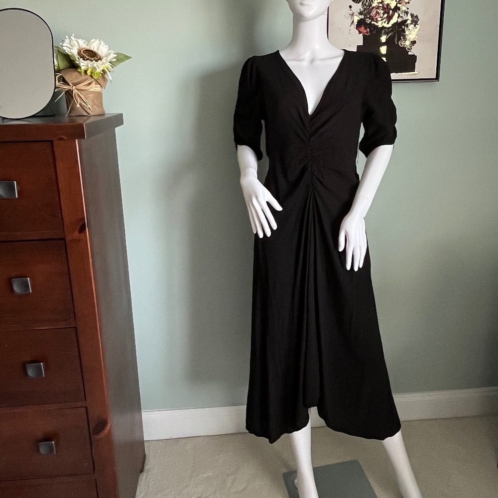 NEW Old Navy Asymmetrical Hem Black Ruched Front Midi Dress M